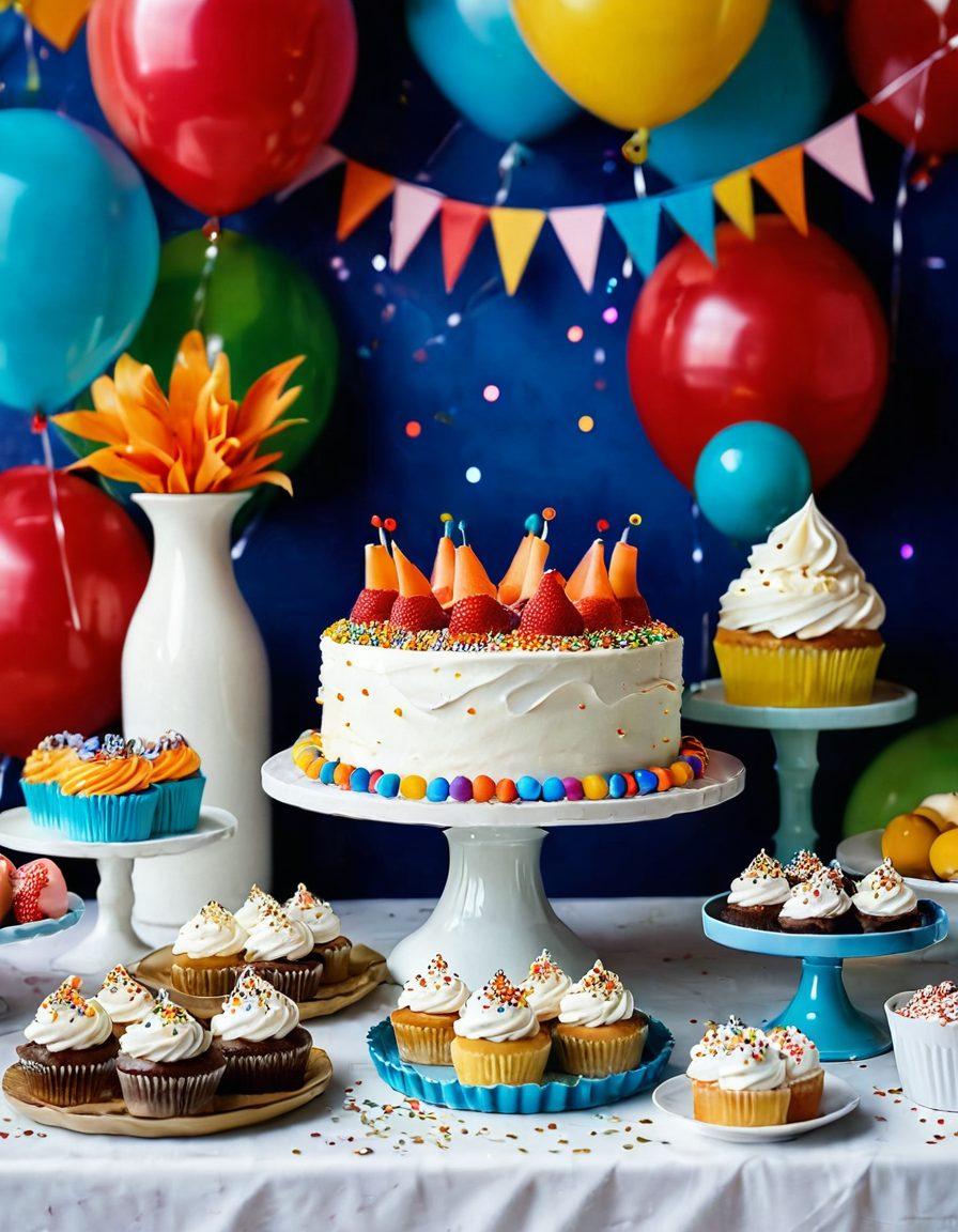 A whimsical dessert table overflowing with colorful, creative cakes, pastries, and treats shaped like fun, playful items, set against a backdrop of festive decorations and twinkling lights. Include elements like sprinkles, whipped cream, and small party hats to evoke the spirit of celebrations and indulgence. The scene should feel inviting and celebratory, showcasing an array of vibrant colors and mouth-watering designs. super-realistic. vibrant colors. soft focus.