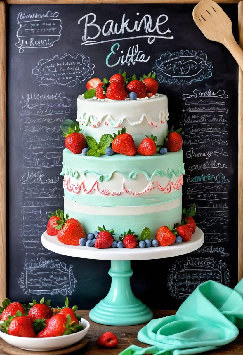 A beautifully decorated cake with intricate icing and vibrant colors, surrounded by various baking tools like a whisk, spatula, and measuring cups. Include fresh ingredients like strawberries and mint leaves artistically placed around the cake. In the background, a chalkboard with handwritten cake recipes and doodles of baking elements. super-realistic. vibrant colors. warm, inviting ambiance.