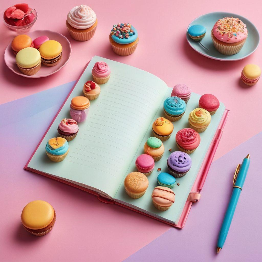 A whimsical digital diary open with vibrant pages filled with colorful desserts like cupcakes, macarons, and pastries. A stylish pen writes sweet notes across the pages, surrounded by playful candy elements. The background features a soft pastel gradient that enhances the sweet theme. The image should convey warmth and creativity, inviting readers to indulge in their culinary adventures. super-realistic. vibrant colors. soft pastel background.